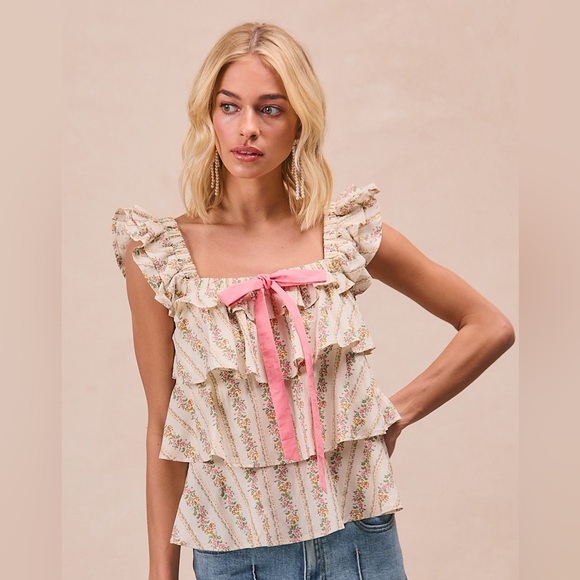 💗BiBi Floral Printed Woven Front Bow Tied Ruffled Square Neck Sleeveless Top - Picture 7 of 12